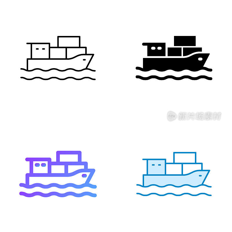 集装箱船图标设计在四风格与可编辑的笔画。线，实线，平线和颜色梯度线。适合网页，手机App, UI, UX和GUI设计。